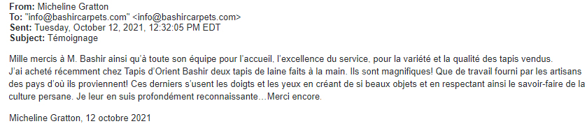 Courriel d'une cliente satisfaite de son tapis.